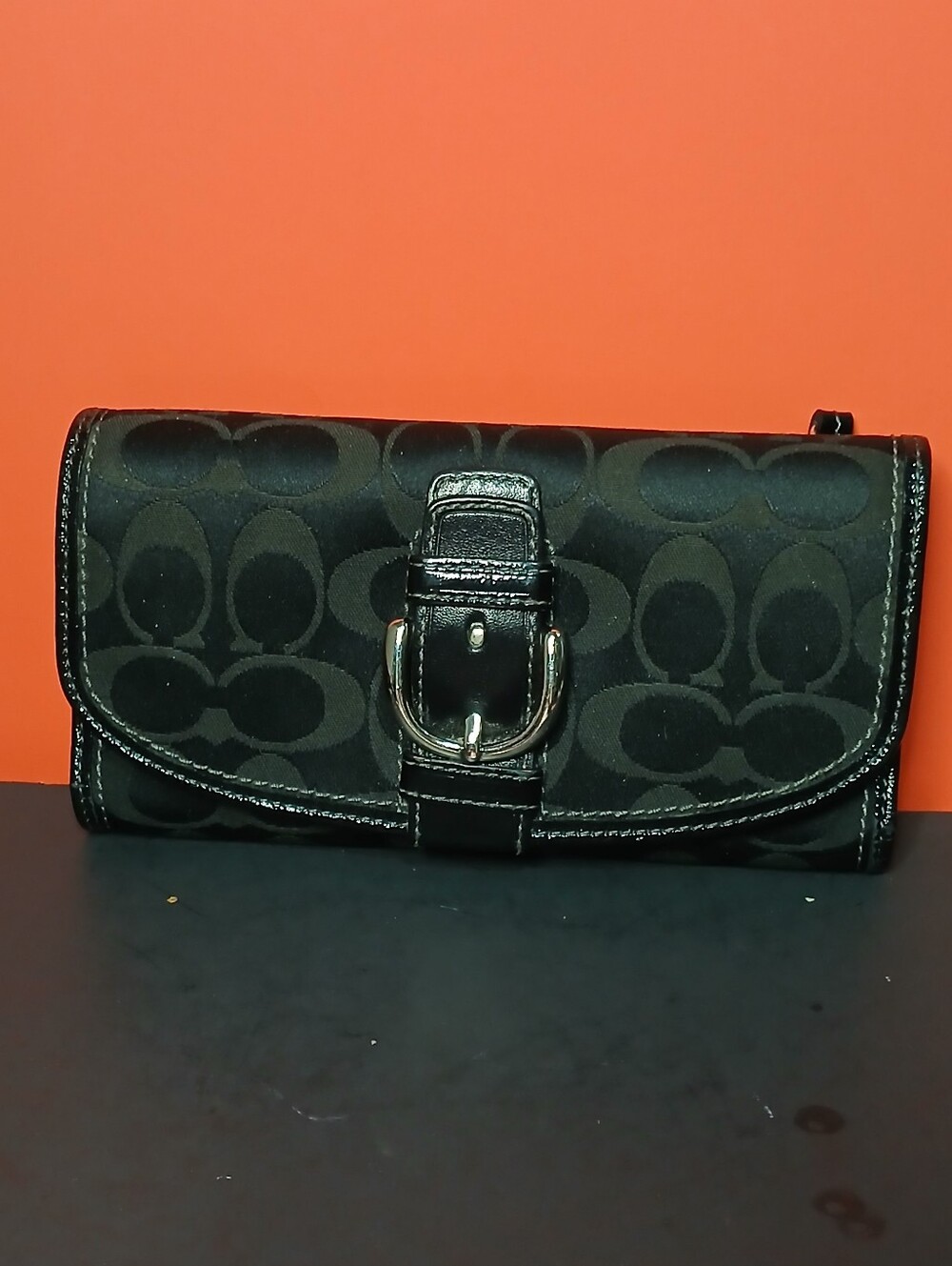 Coach Black Signature Jacquard Buckle Clutch
